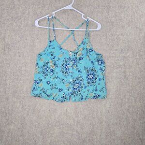 Timing Womens Floral Button-Front Turquoise Tank Top Large Crisscross Back